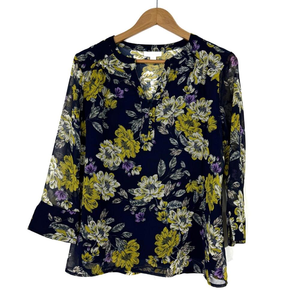 Charter Club Women’s Size Medium Blue Yellow Floral Print Sheer Overlay Blouse